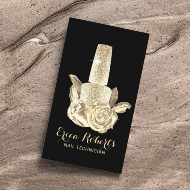 Carte De Visite Salon à ongles Gold Polonais Bouteille & Fleurs Ma (Créateur téléchargé)