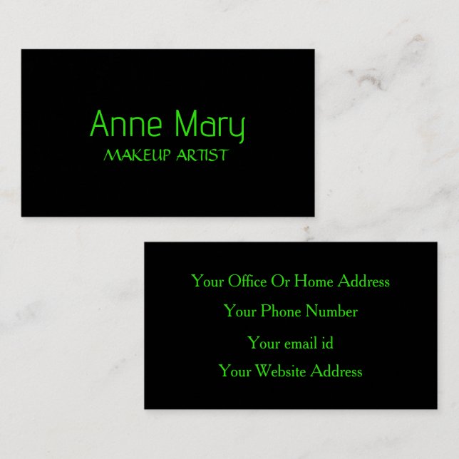 Carte De Visite Salon Artiste Maquillage Vert Neon Design Simple (Devant / Derrière)