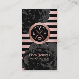 Carte De Visite Salon de Beauté Black Floral Moderne Rose Gold Str