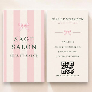Carte De Visite Salon de beauté Code QR Ruban rayé rose et vert