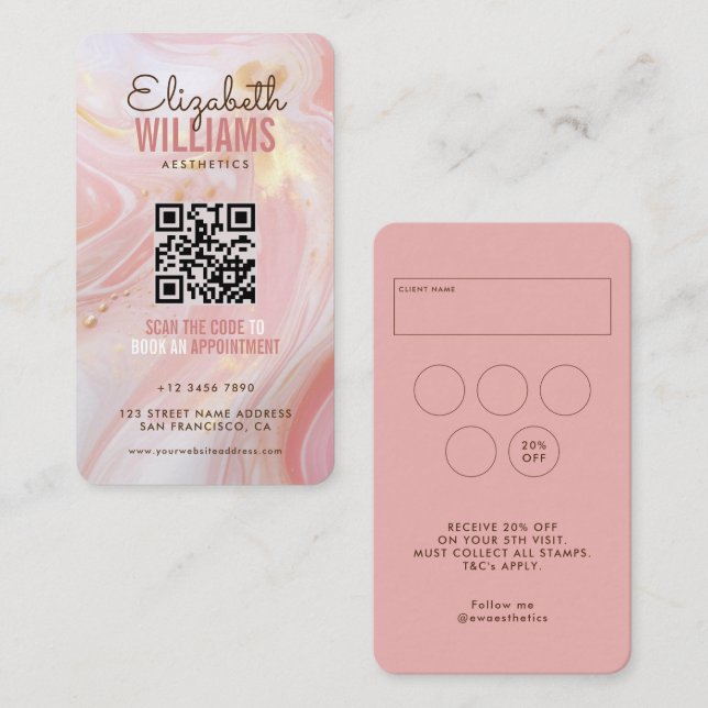 Carte De Visite Salon de beauté en marbre rose QR Code Loyauté & (Devant / Derrière)