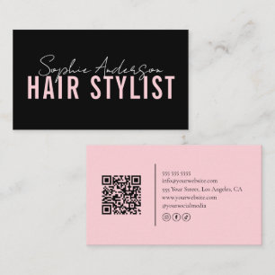 Carte De Visite Salon de coiffure Code QR noir et rose