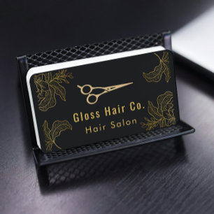 Carte De Visite Salon de coiffure floral noir et or Élégance Luxe