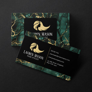 Carte De Visite Salon de Coiffure Green Gold Black Marble Coiffeur