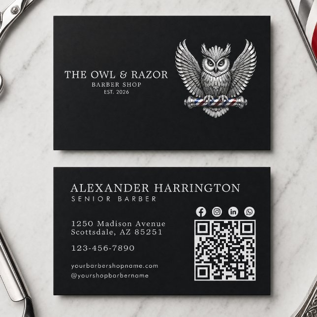 Carte De Visite Salon de coiffure Master Barber Silver Owl Code Qr (Créateur téléchargé)