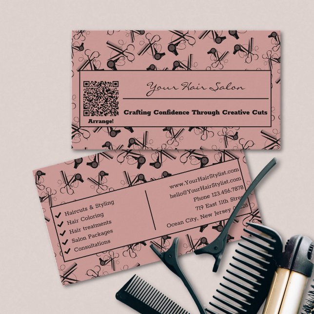Carte De Visite Salon de coiffure QR Code Clipper Comb (Clipper Comb Blower QR Code Hair Salon Business Card)