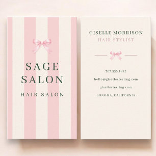 Carte De Visite Salon de coiffure Ruban préppy rayé rose et vert