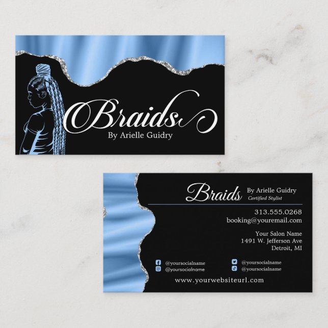 Carte De Visite Salon de la tresse à cheveux Silver & Blue Glam (Devant / Derrière)