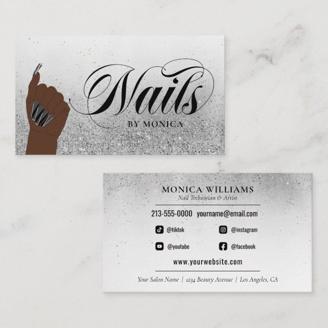 Carte De Visite Salon de Parties scintillant Silver Glam Nail Arti (Devant / Derrière)
