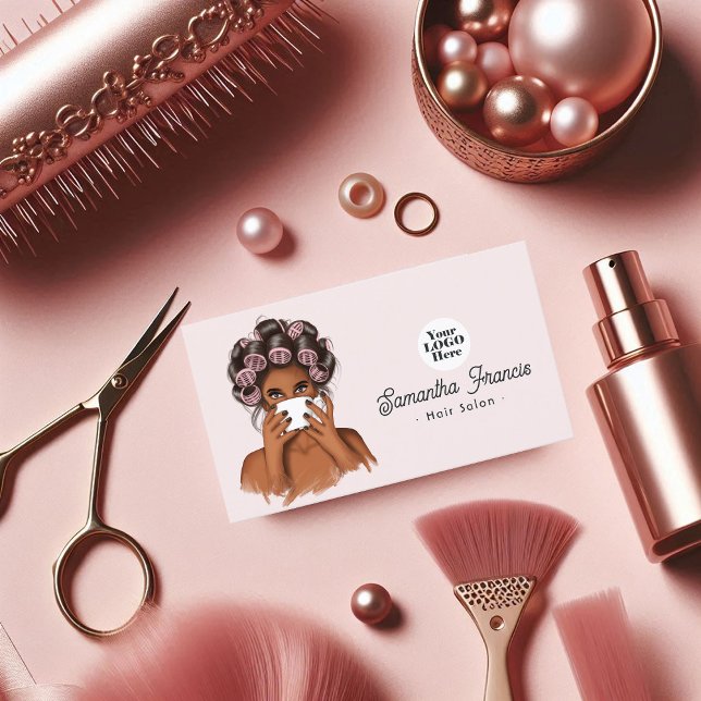Carte De Visite Salon des cheveux afro-américains rose et bleu (Pink and Blush African American Hair Salon Business Card)