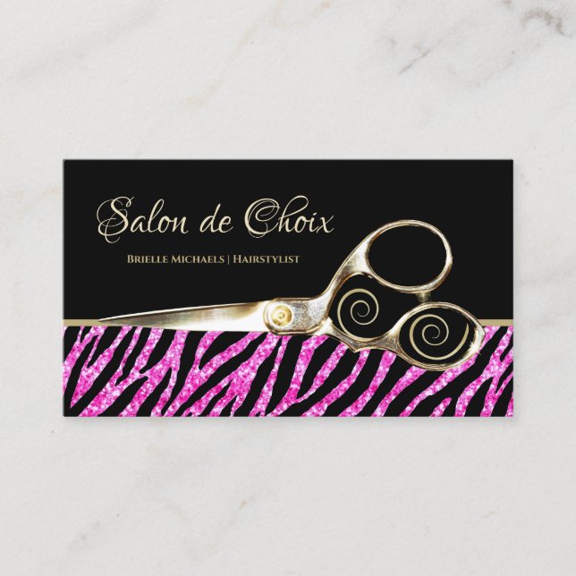 Carte De Visite Salon des ciseaux dorés rose chaud (Devant)