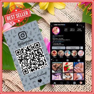 Carte De Visite Salon d'ongles Instagram Bleu Poussiéreux   QR des