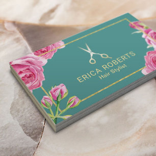 Carte De Visite Salon floral élégant de ciseaux d'or de coiffeur