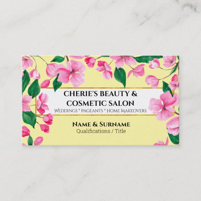 Carte De Visite Salon jaune rose fleur de cerisier d'aquarelle (Devant)