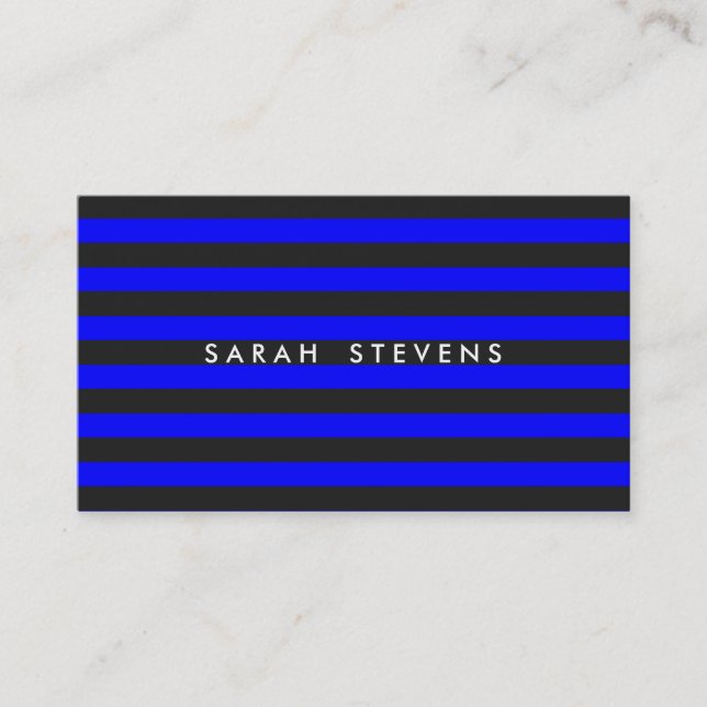 Carte De Visite Salon moderne en noir cool et bleu cobalt rayé (Devant)