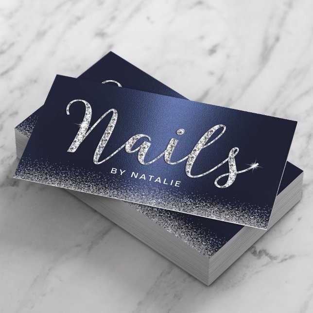 Carte De Visite Salon Nail Marine Blue Luxe Diamond Typographie (Créateur téléchargé)
