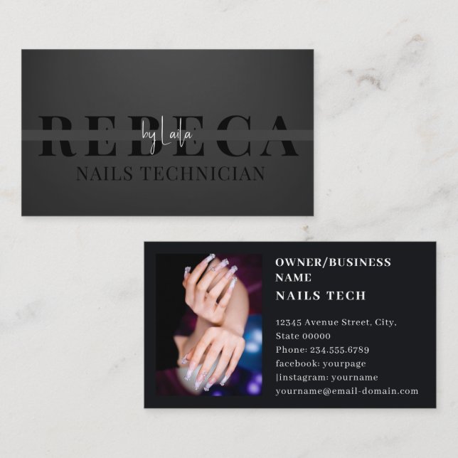 Carte De Visite Salon professionnel Nail Tech Typographie gris (Devant / Derrière)