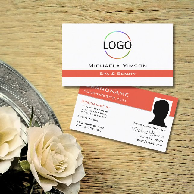 Carte De Visite Saumon blanc chic avec logo et professionnel photo (Créateur téléchargé)