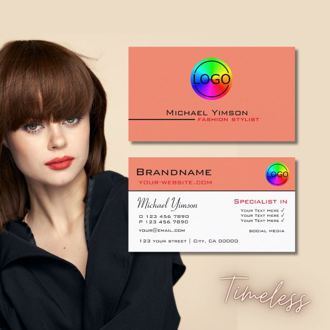 Carte De Visite Saumon moderne blanc simple avec logo professionne (Créateur téléchargé)
