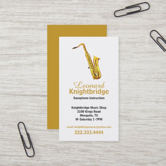 Carte de visite saxophone d'or (Devant/Arrière en situation)