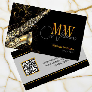 Carte De Visite Saxophone Jazz Or, Noir & Code QR, Monogramme