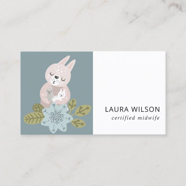 CARTE DE VISITE SCANDI FLORAL SCANDI BLEURIS COUPÉ OURS BÉBÉ MIDWI (Devant)