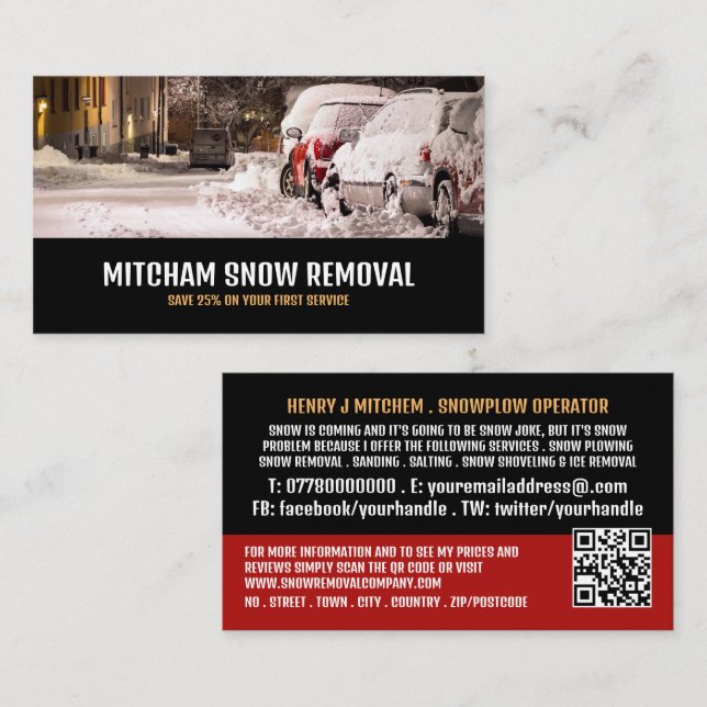 Carte De Visite Scène de rue, Snow Removal Company Publicité (Devant / Derrière)