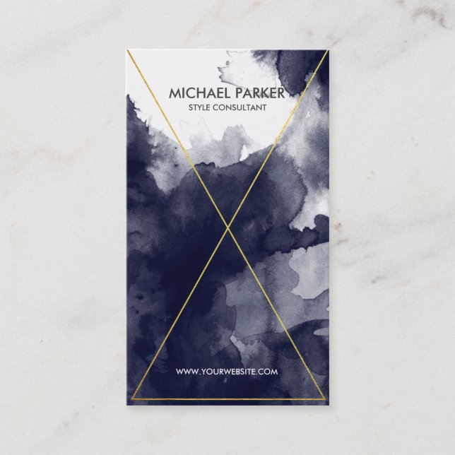 Carte De Visite Schéma moderne - aquarelle feuille d'or de bleu (Devant)