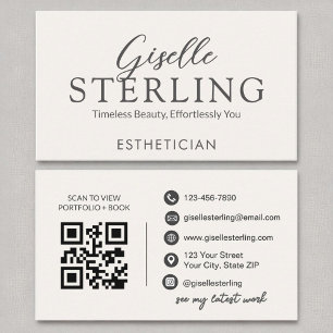 Carte De Visite Script blanc esthétique Code QR moderne