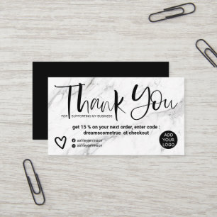 Carte De Visite Script blanc marbre chic ordre merci