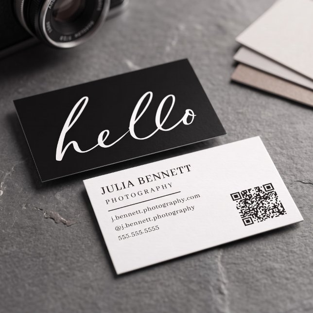 Carte De Visite Script "Bonjour" Moderne (Simulated business cards on table)