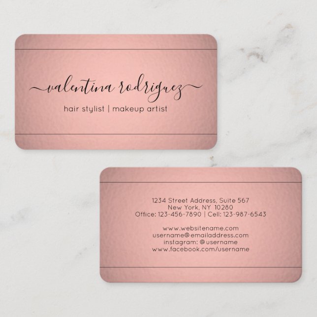 Carte De Visite Script Chic Signature Rose Rose Or Faux Foil (Devant / Derrière)