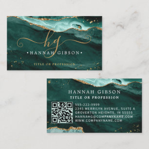 Carte De Visite Script de Agate Turquoise Monogramme QR Code Parti