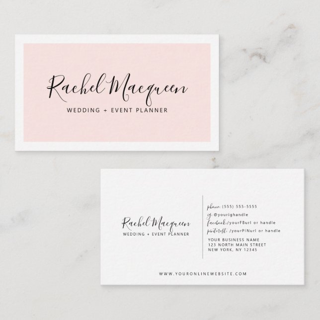 Carte De Visite Script de bordure blanc rose pâle minimaliste (Devant / Derrière)