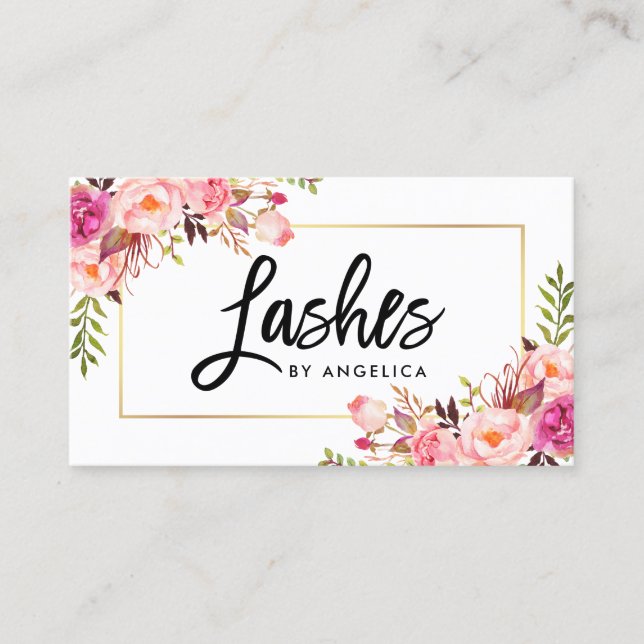 Carte De Visite Script de brosse moderne Lashes floraux roses (Devant)