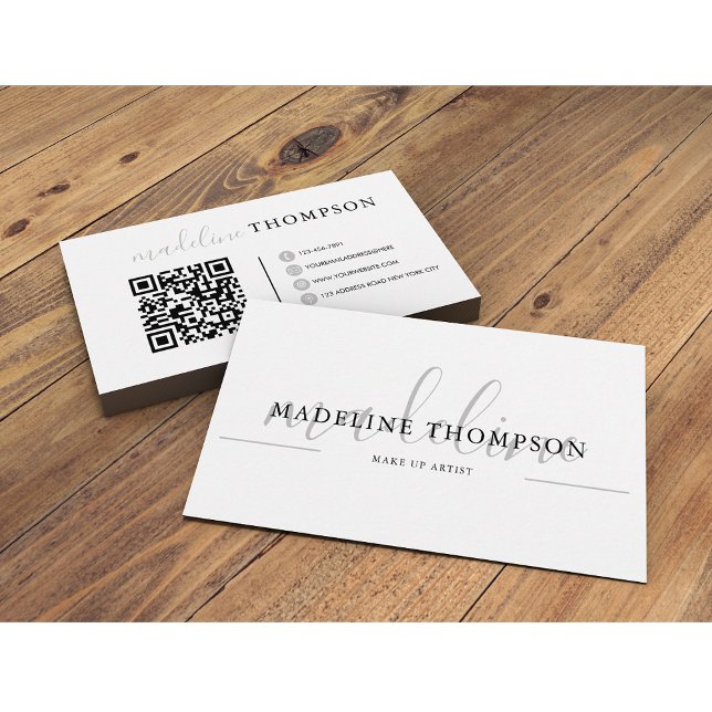 Carte De Visite Script de calligraphie gris argent pâle Code QR (Créateur téléchargé)