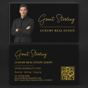 Carte De Visite Script de code QR Black Gold pour l'immobilier de