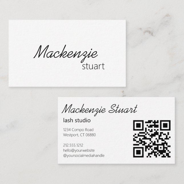 Carte De Visite Script de code QR de cheveux minimal élégant moder (Devant / Derrière)