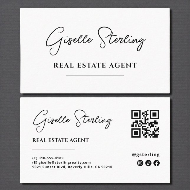 Carte De Visite Script de code QR de l'agent immobilier minimal (Créateur téléchargé)