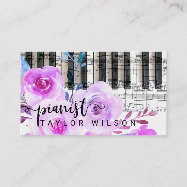 Carte De Visite script de pianiste floral à l'aquarelle violette (Devant)