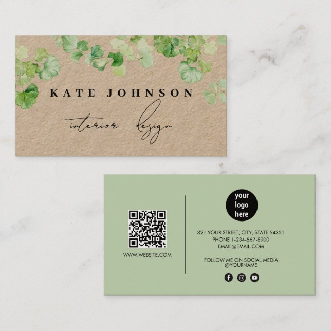 Carte De Visite Script de signature de verdure Code QR rustique Kr (Devant / Derrière)
