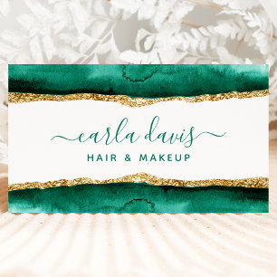 Carte De Visite Script de signature Émeraude Vert Or Aquarelle QR
