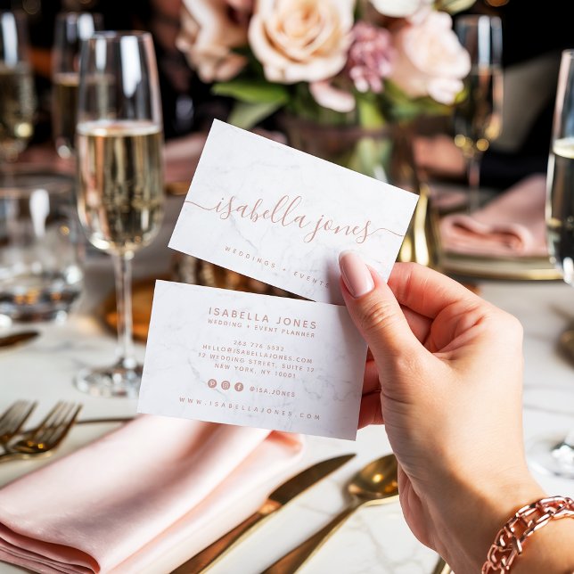 Carte De Visite Script de signature minimaliste en marbre blanc ro (Minimalist white marble rose gold signature script)