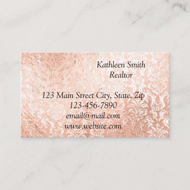 Carte De Visite Script élégant rose Gold Damask (Devant)