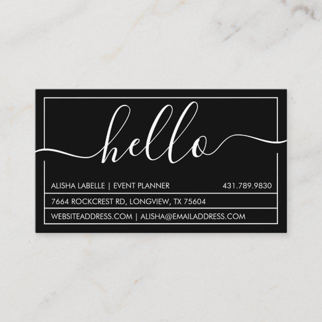 Carte De Visite Script Hello | Noir minimaliste moderne et élégant (Devant)