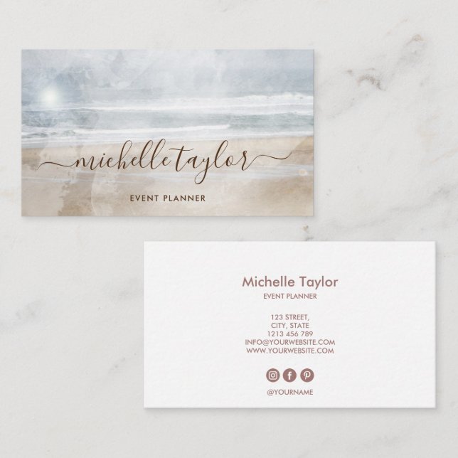 Carte De Visite Script minimal de signature d'aquarelle de plage (Devant / Derrière)