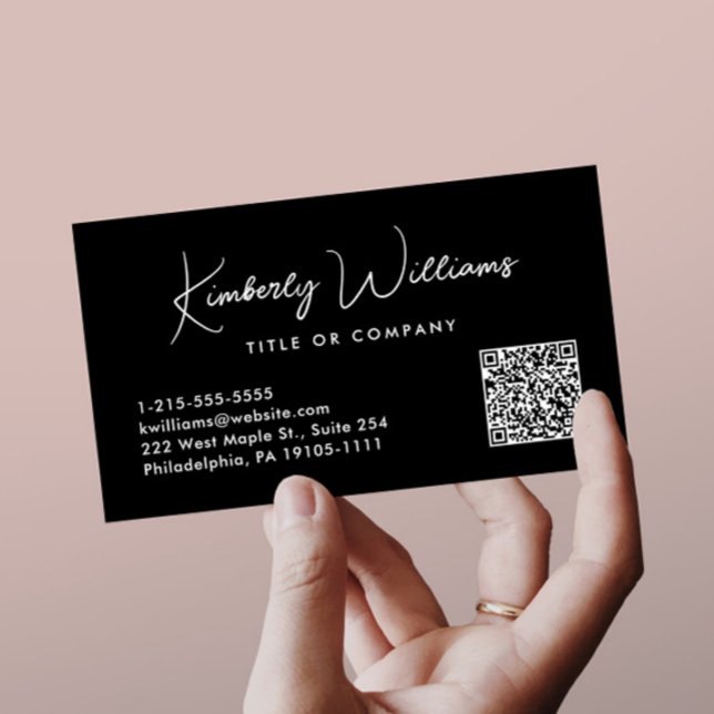 Carte De Visite Script minimal QR Code professionnel noir (Showcase your name in our signature script as your logo and brand identity)