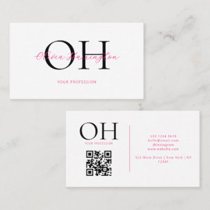 Carte De Visite Script moderne blanc et rose QR Code Monogramme
