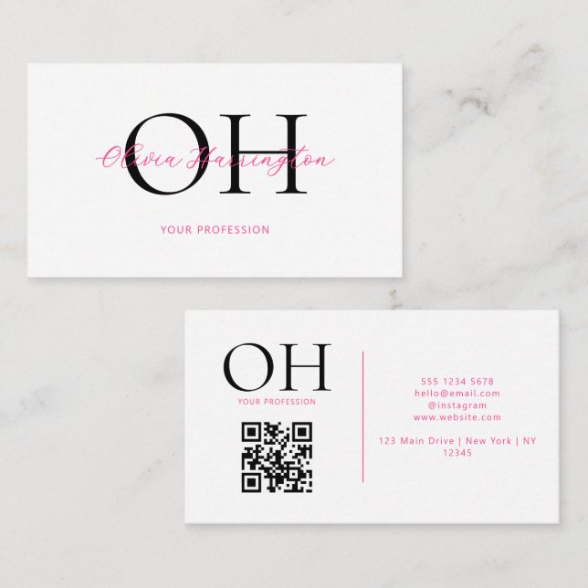 Carte De Visite Script moderne blanc et rose QR Code Monogramme (Devant / Derrière)