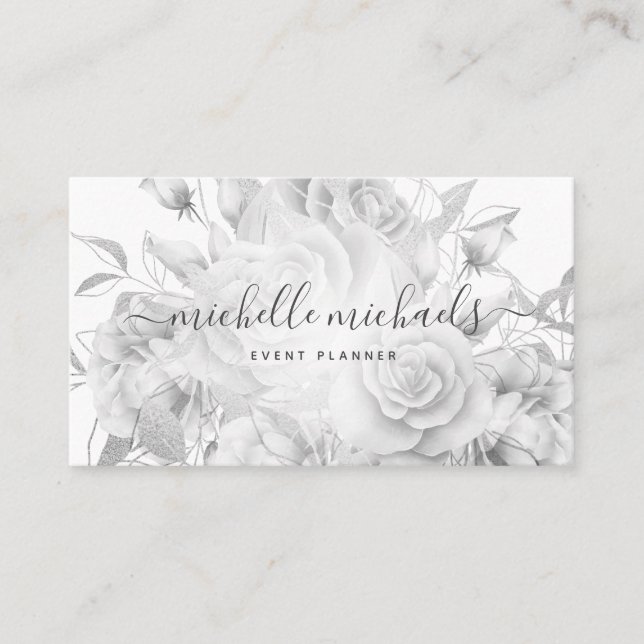 Carte De Visite Script moderne floral simple noir et blanc  (Devant)